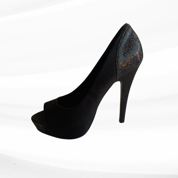 Steve Madden Black Glitter Peep Toe Platform Pumps, Size 7M - Picture 4 of 10